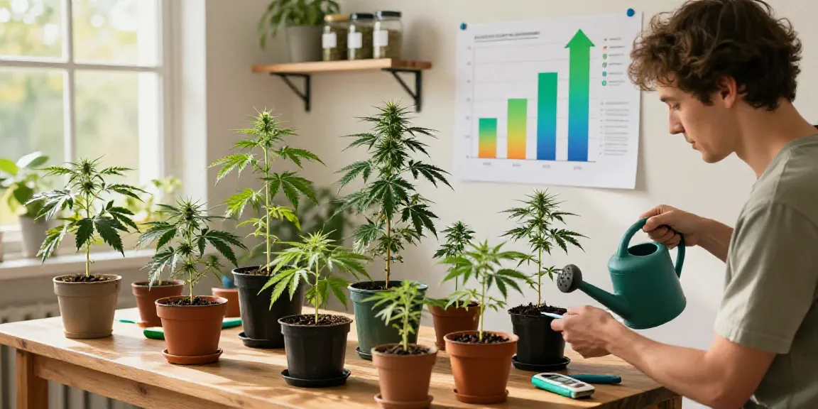 Cannabissamen kaufen im gut gestalteten Indoor-Garten mit gesunden Pflanzen und Saatgut.