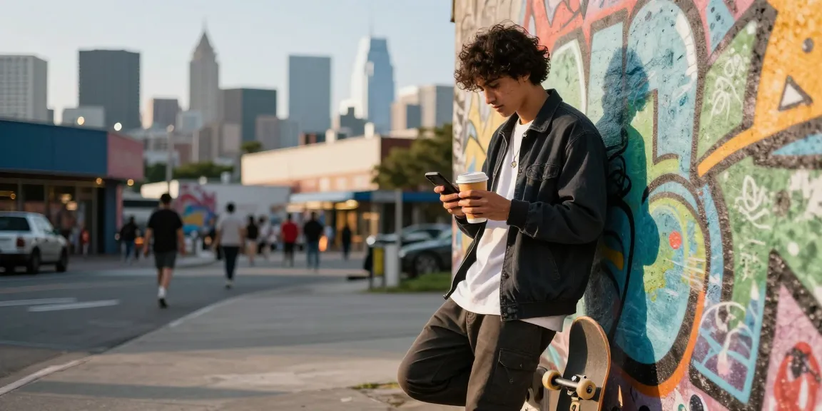 Individual engaging with smartphone in urban fashion scene at https://shs-dome5.com/ showcasing trendy streetwear against vibrant graffiti.
