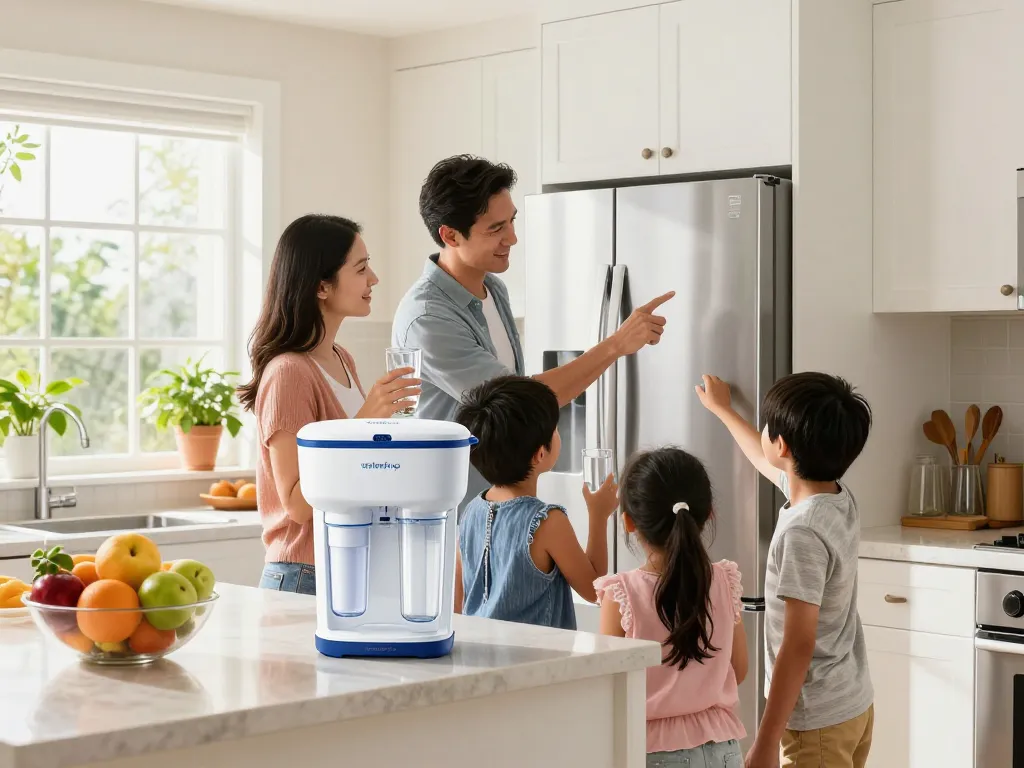 Family discussing the Waterdrop 4396508 Replacement for Whirlpool® 4396510 filter in a bright kitchen.