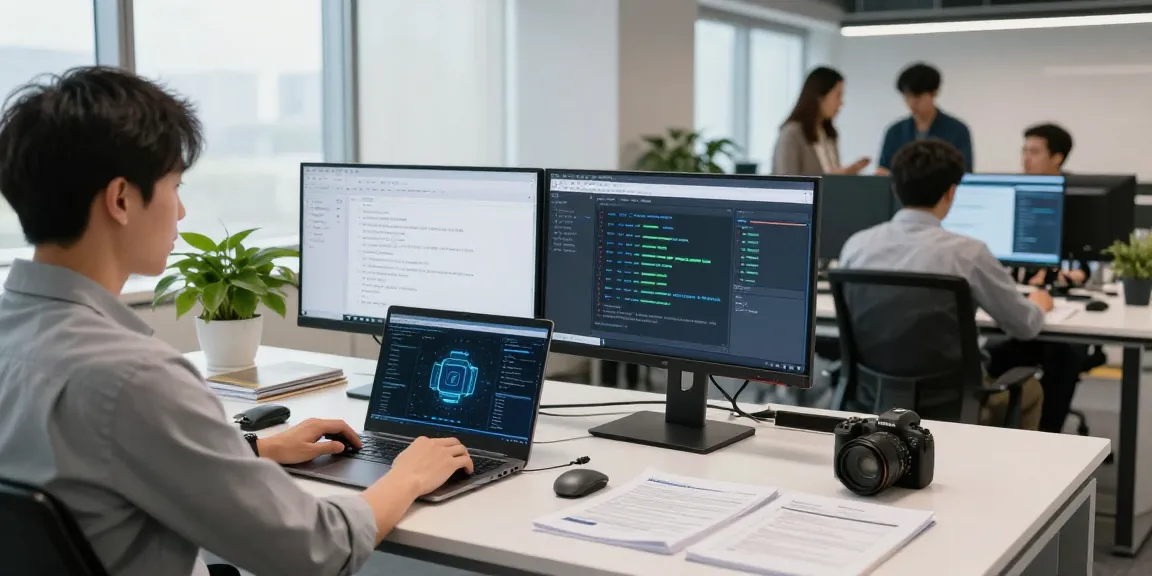 IT professional inspecting browser security protocols while monitoring network tools at https://shs-dome5.com/ in a bright modern office.