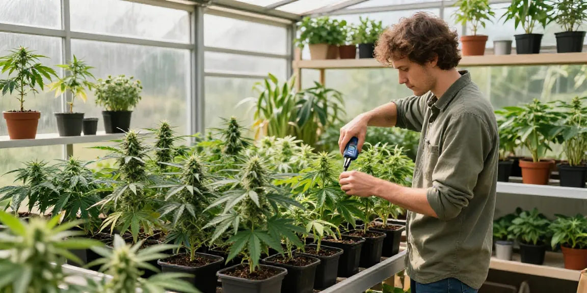 Cannabissamen kaufen scene in a greenhouse with a gardener tending to cannabis plants.