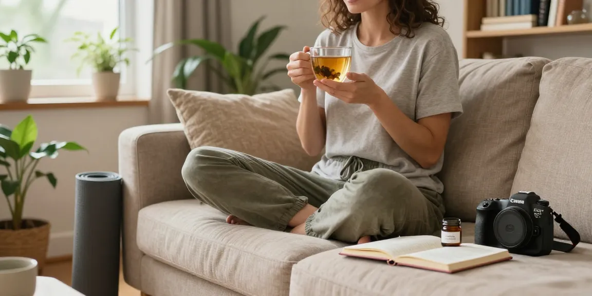 Ministry of Cannabis CBD wellness scene featuring herbal tea, houseplants, and self-care elements in a cozy living room.