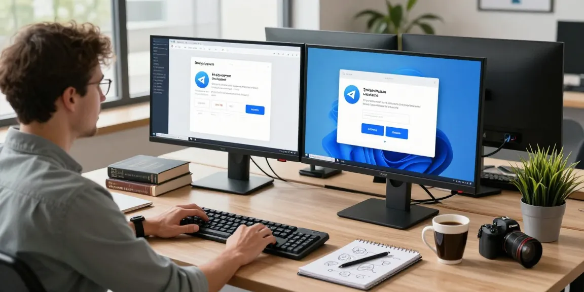Person promoting Telegram Download in a modern tech workspace with dual screens displaying the app's interface.
