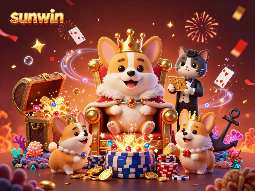 Experience fun gaming with sunwin in this colorful 3D casino scene featuring the royal corgi and engaging game elements.