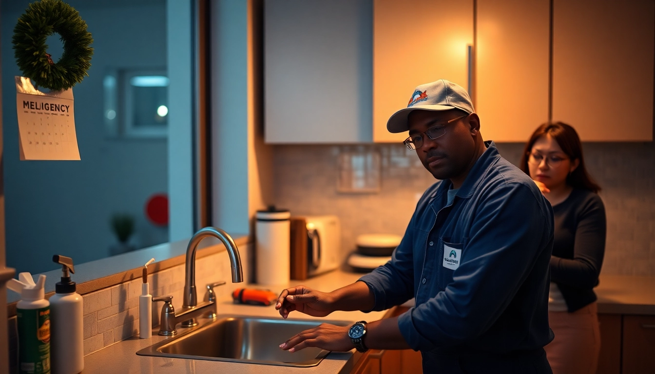 Emergency plumbers on holidays or weekends fixing a kitchen leak in NYC.
