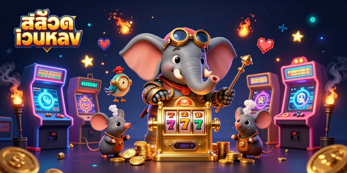 Play exciting slots on สล็อตเว็บตรง with a steampunk elephant and creative elements in a vibrant casino scene.