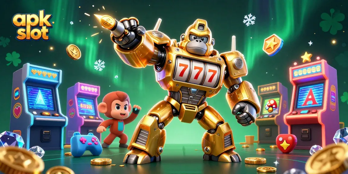 Experience thrilling apk slot gameplay with a golden gorilla mech surrounded by vibrant casino elements.