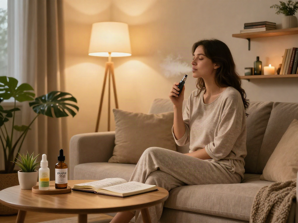 Calming evening scene with a woman enjoying muha med CBD oil, relaxing with a vape device, organic wellness products, and ambient lighting.