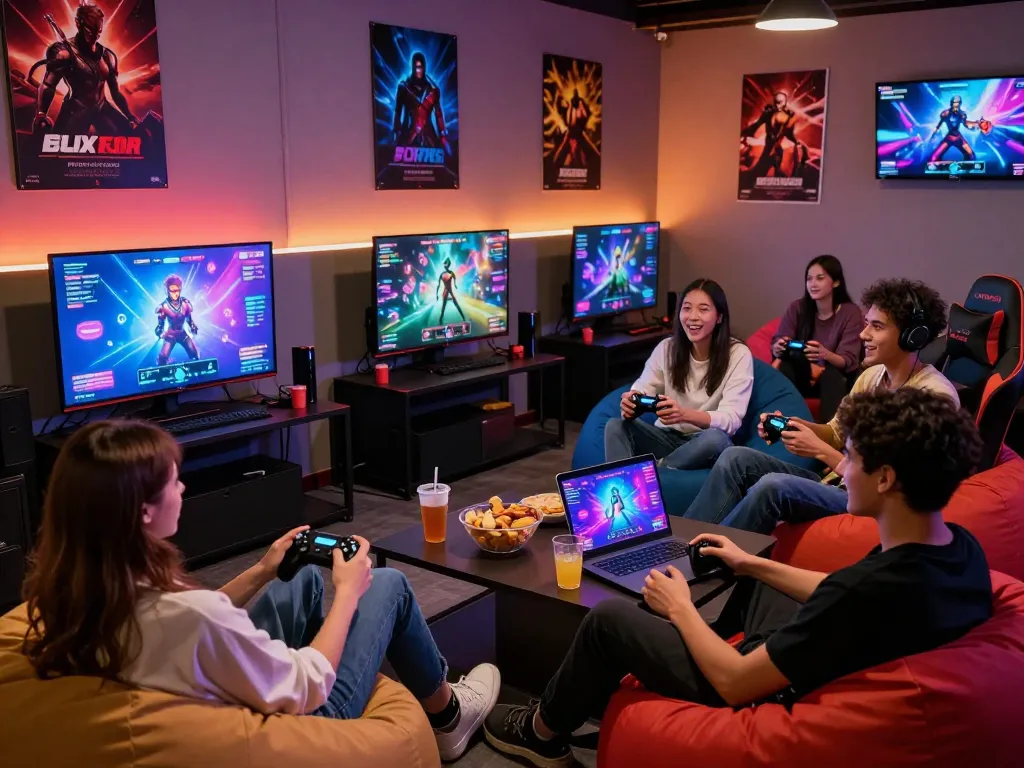 Friends enjoying multiplayer online sex games in a vibrant gaming lounge.