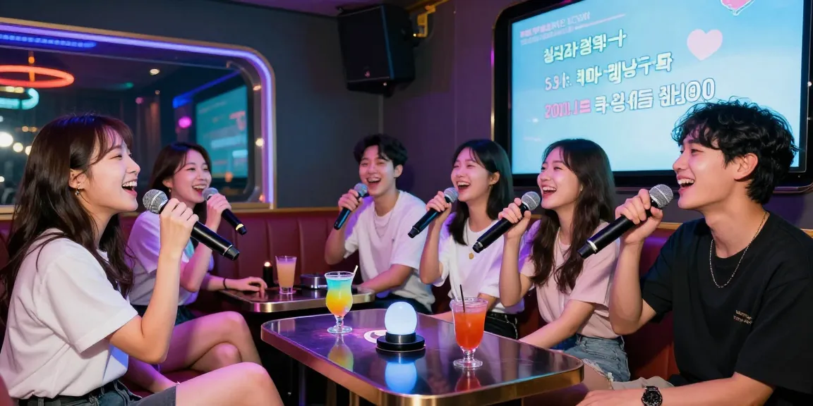 Engaging group enjoying 제주유흥 experience at a vibrant karaoke bar with colorful lights and cocktails.
