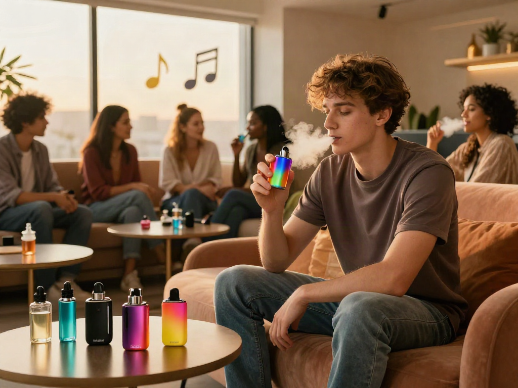 Group of friends enjoying Hitz infinity Gen 7 disposable vapes in a stylish lounge.