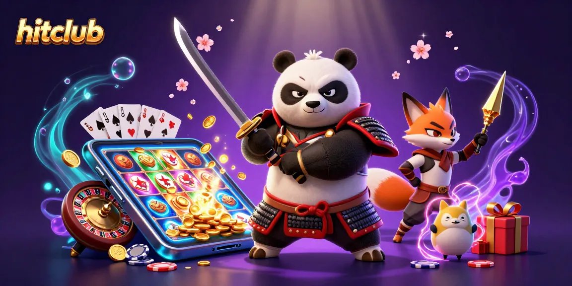 hitclub samurai panda and ninja fox battling surrounded by slot games and casino elements