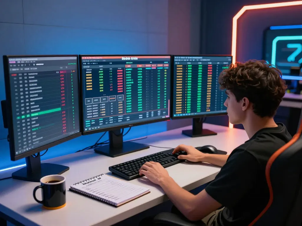 Engaged bettor analyzing kèo nhà cái odds on multiple screens in a modern sports betting setup.
