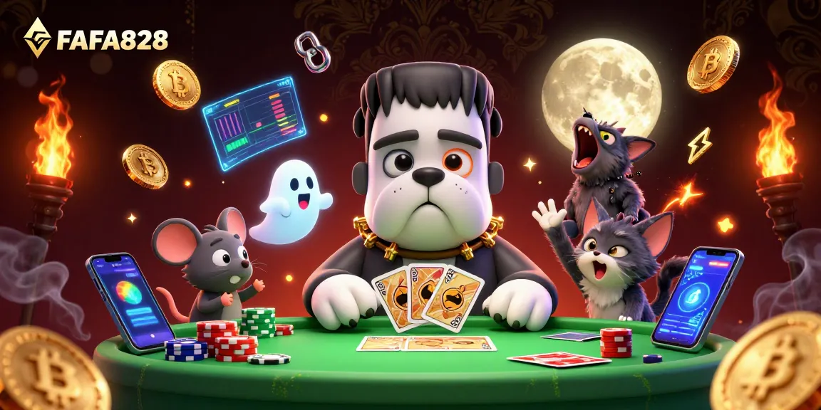 FAFA828 players engage in a thrilling card game with a Frankenstein bulldog, blending spooky elements with crypto excitement.