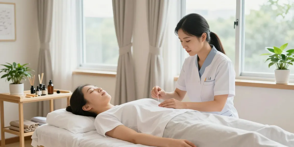 Healing therapy at 영통한의원 with an acupuncturist providing gentle treatment in a serene room.