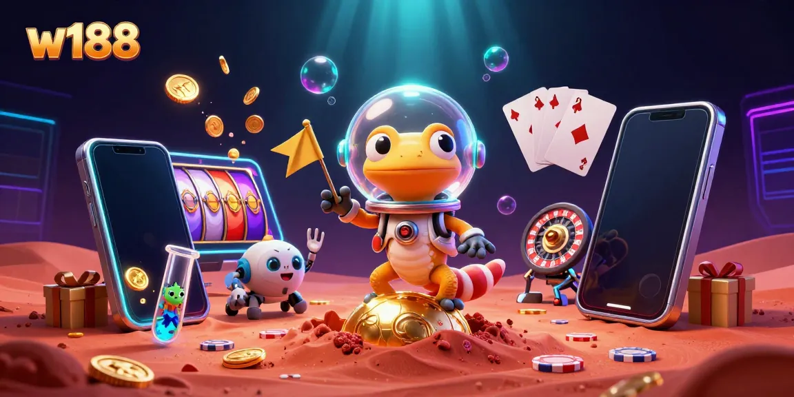 Experience the excitement of w188 with a Martian gecko discovering a golden casino, vibrant casino elements surround.