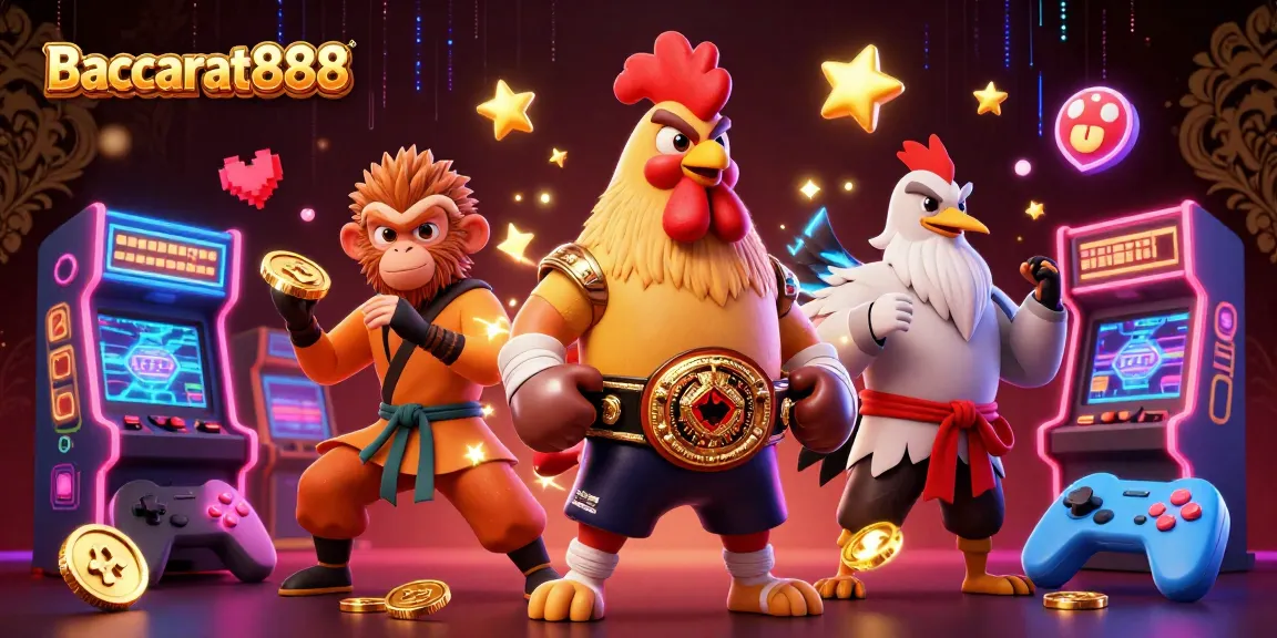Experience Baccarat888 with a fierce Muay Thai rooster, Shaolin monkey, and crane master in a vibrant casino scene.