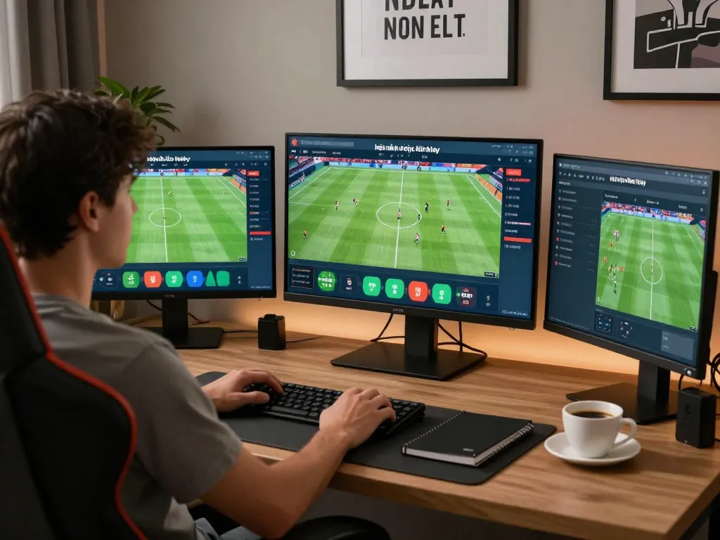 Check kèo nhà cái hôm nay while betting on live football matches from a sleek home office.