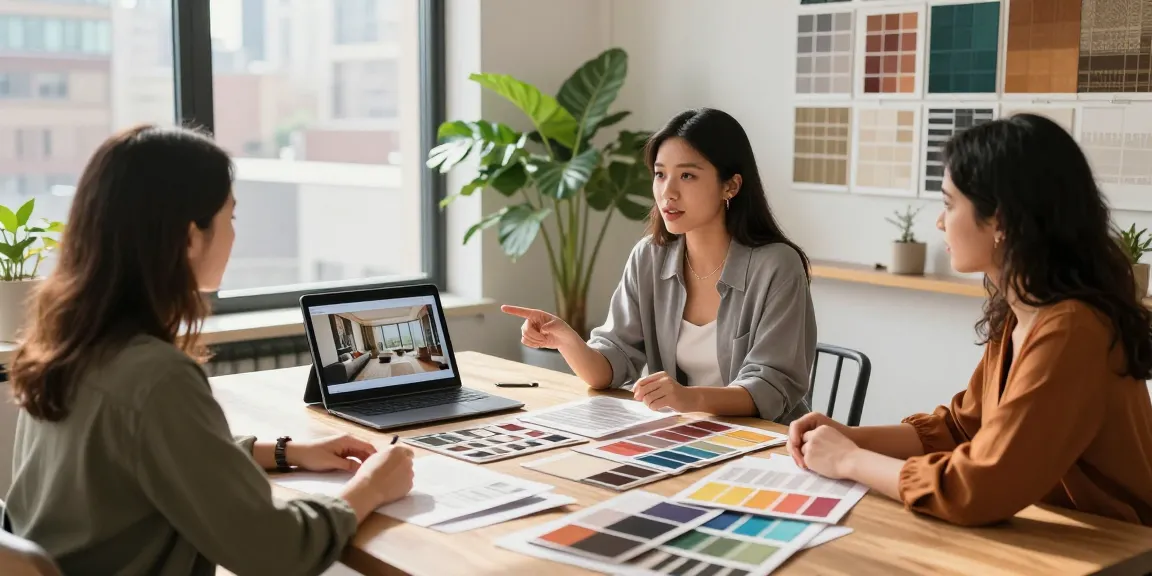 Interior design consultation scene at www.dgi-chicago.com studio with swatches, 3D renderings, and natural light.