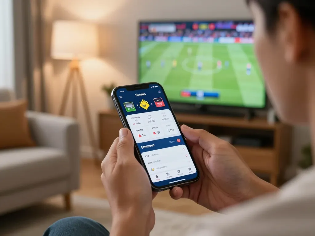 Engaging in sports betting with Sunwin app on smartphone, capturing the excitement of the game.
