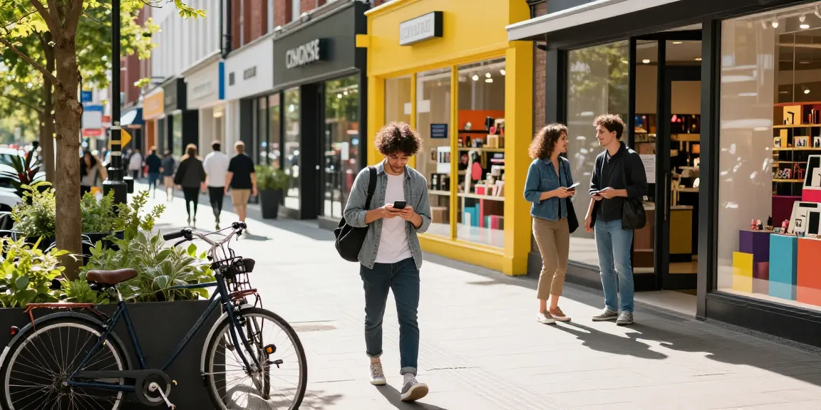 Person engaging with products on a mobile device at an urban shopping district, highlighting modern consumer experiences.