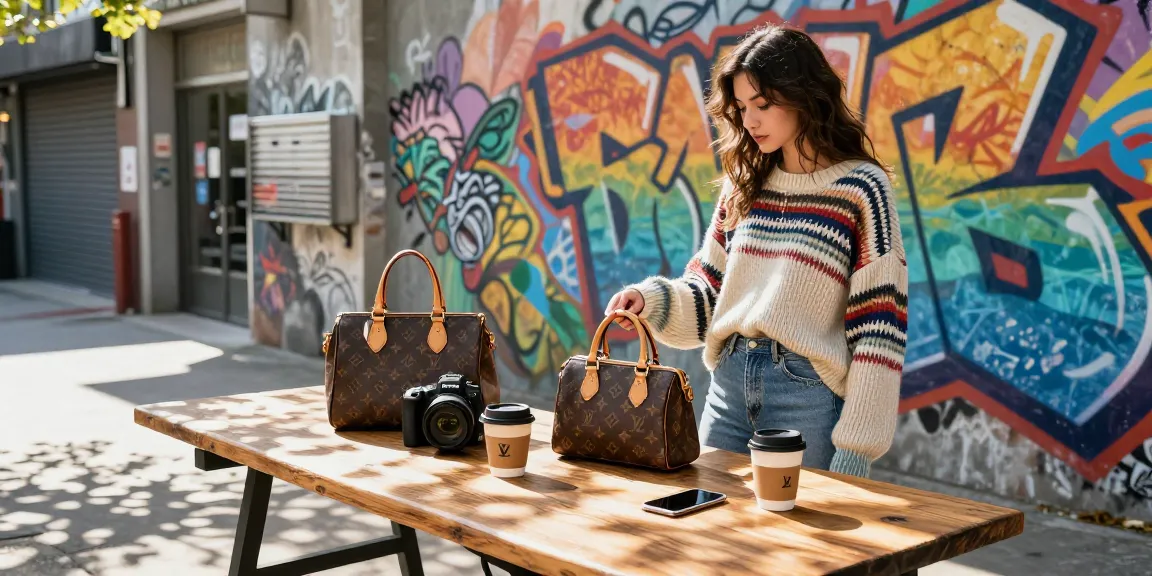 Stylish woman exploring 레플리카 accessories in a vibrant urban setting, showcasing modern fashion trends.