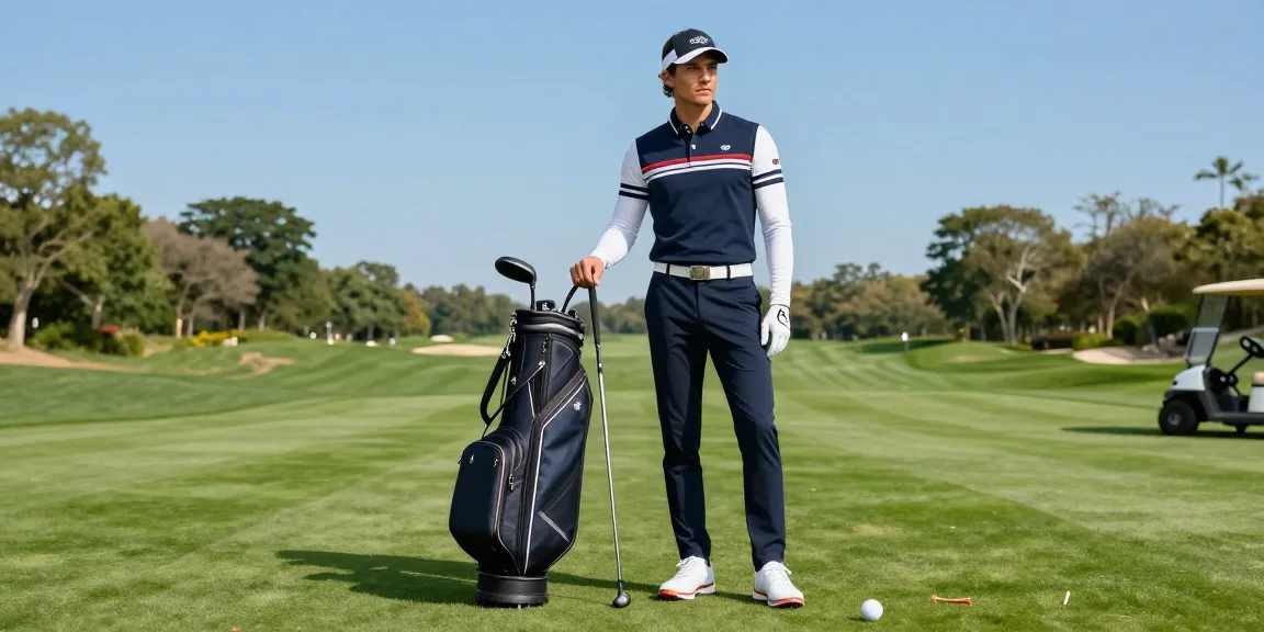 Stylish golfer in premium 골프웨어 레플리카 on lush course, vibrant atmosphere.