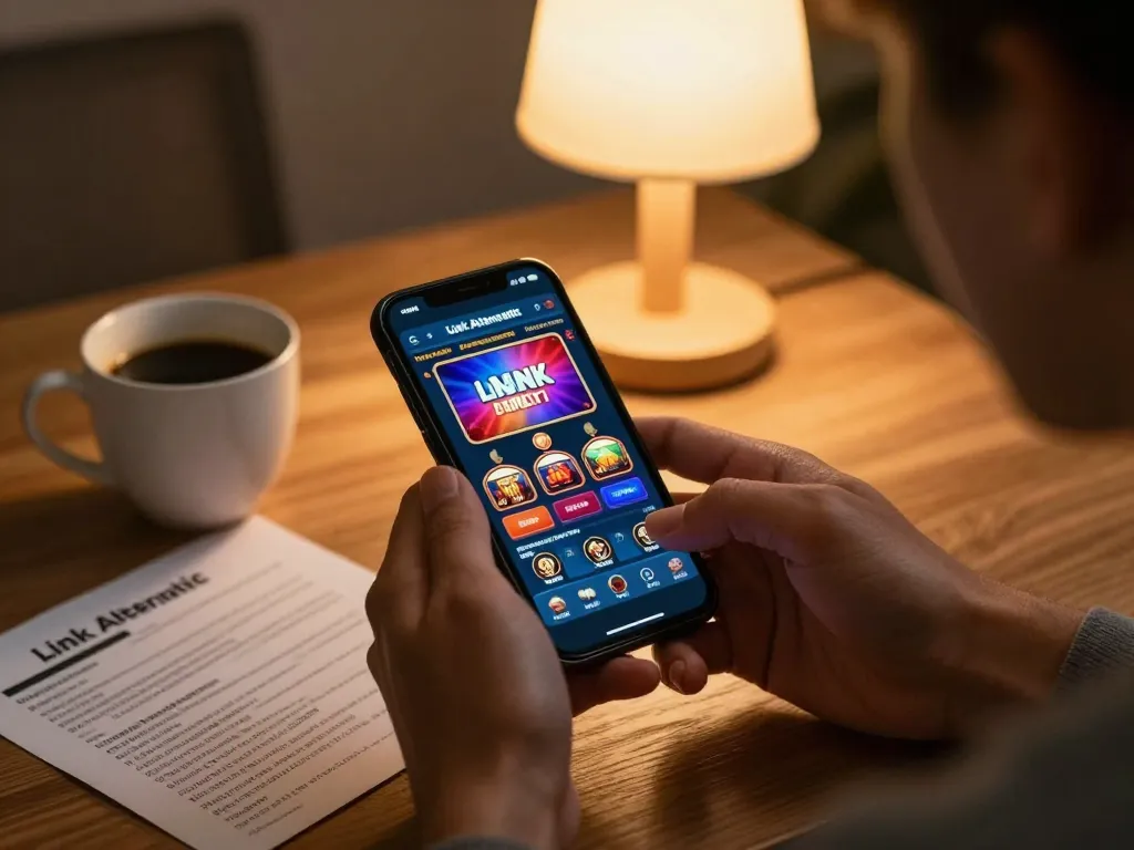 Player accessing Link Alternatif on smartphone for online betting strategy with a cozy home setting.