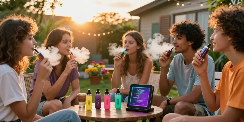 Ein gemütlicher Garten mit Freunden, die Al Fakher Crown Bar 8000 Crystal V2 Vapes genießen.