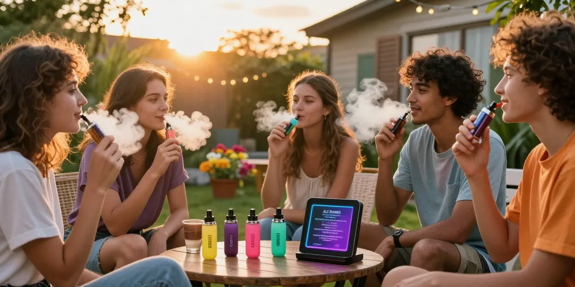 Ein gemütlicher Garten mit Freunden, die Al Fakher Crown Bar 8000 Crystal V2 Vapes genießen.