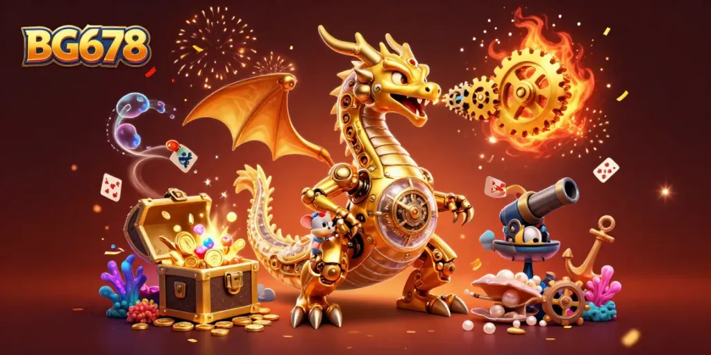 Engage with BG678 in a vibrant casino-themed 3D illustration featuring a dragon and treasure.