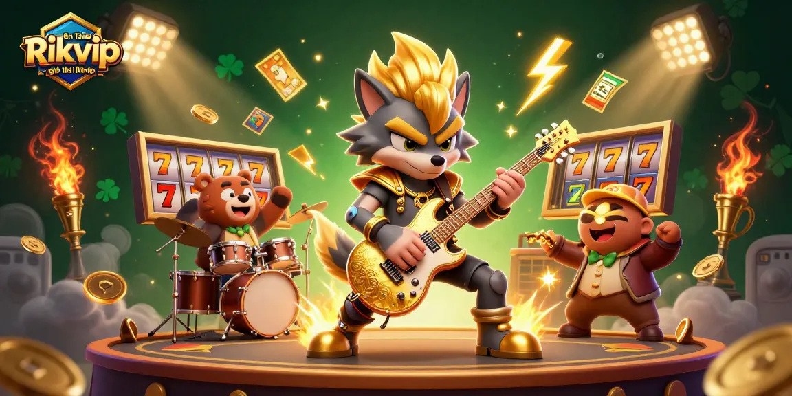 Nền Tảng Rikvip - giới thiệu Rikvip showcases an engaging casino experience with dynamic slot game elements and vibrant characters.