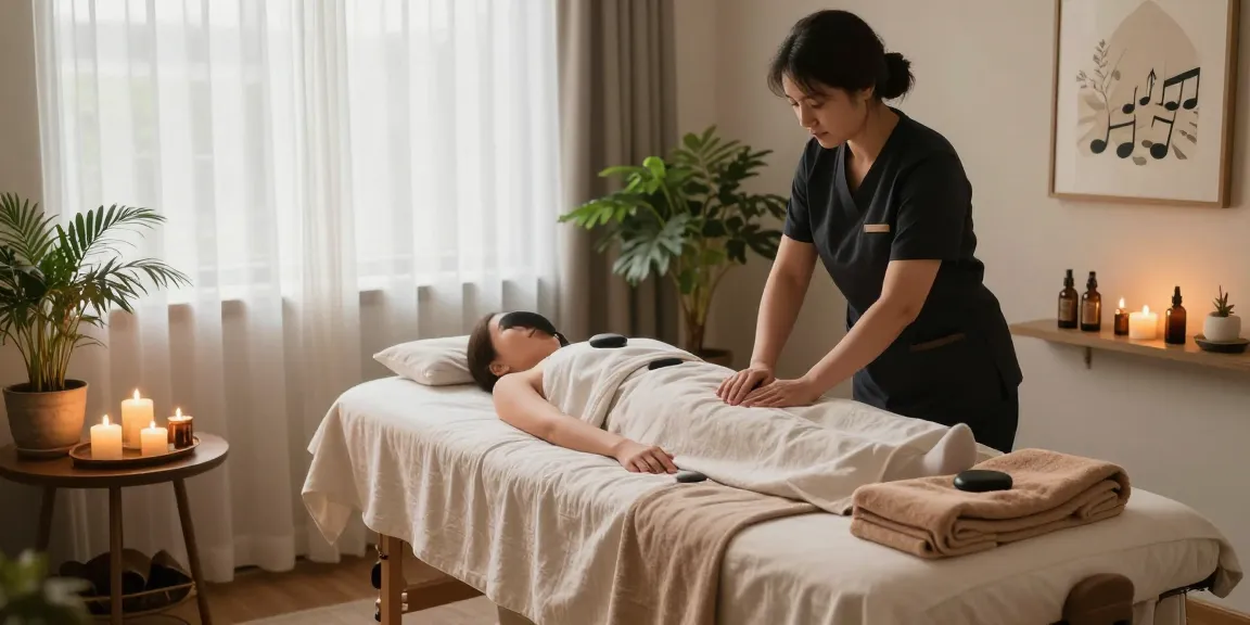 Relaxing Swedish massage environment with therapist preparing oils and serene decor.