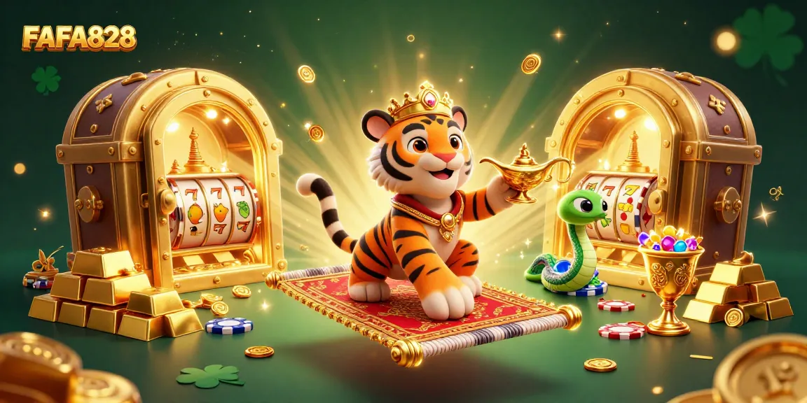 Engage with FAFA828's vibrant casino world filled with slot reels and golden treasures.