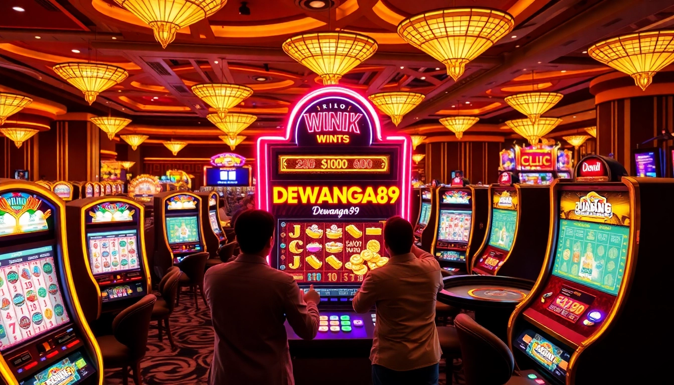 Mesin slot Dewanaga89 yang menerangi suasana kasino yang hidup penuh kegembiraan.