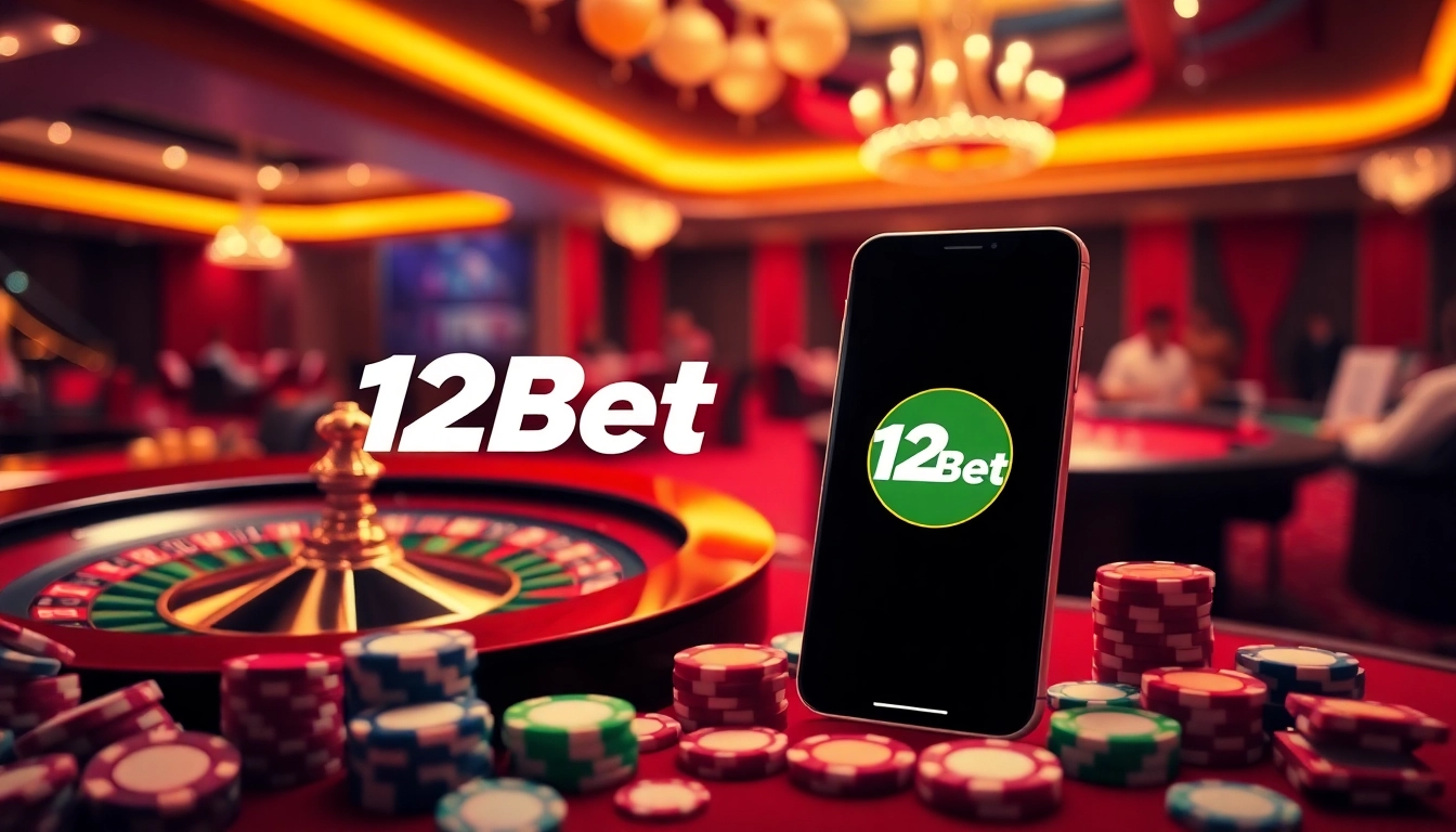 Engage with link 12bet by exploring a dynamic casino scene with poker chips, roulette wheel, and online gaming interface.
