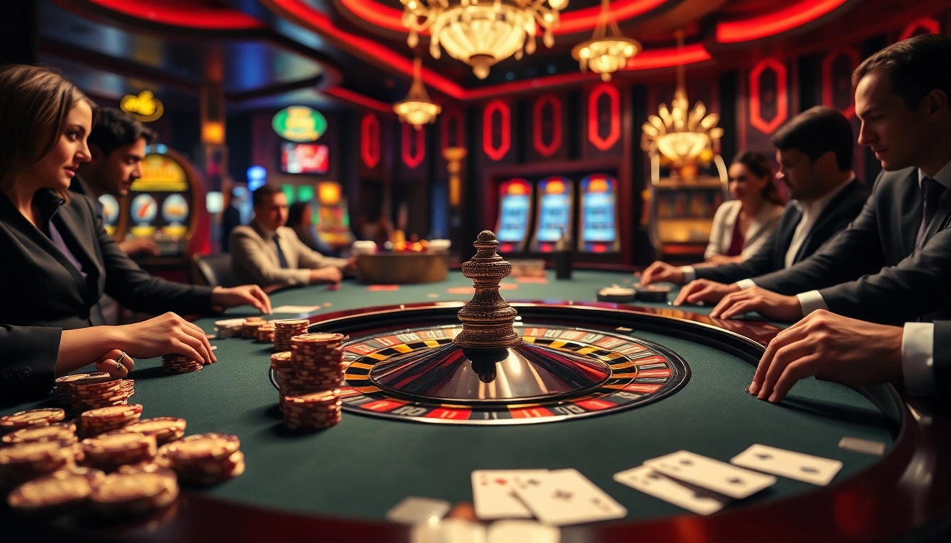 A thrilling casino atmosphere at https://hanoiculturetravel.com/ featuring luxury poker tables, vibrant poker chips, and an elegant roulette wheel.