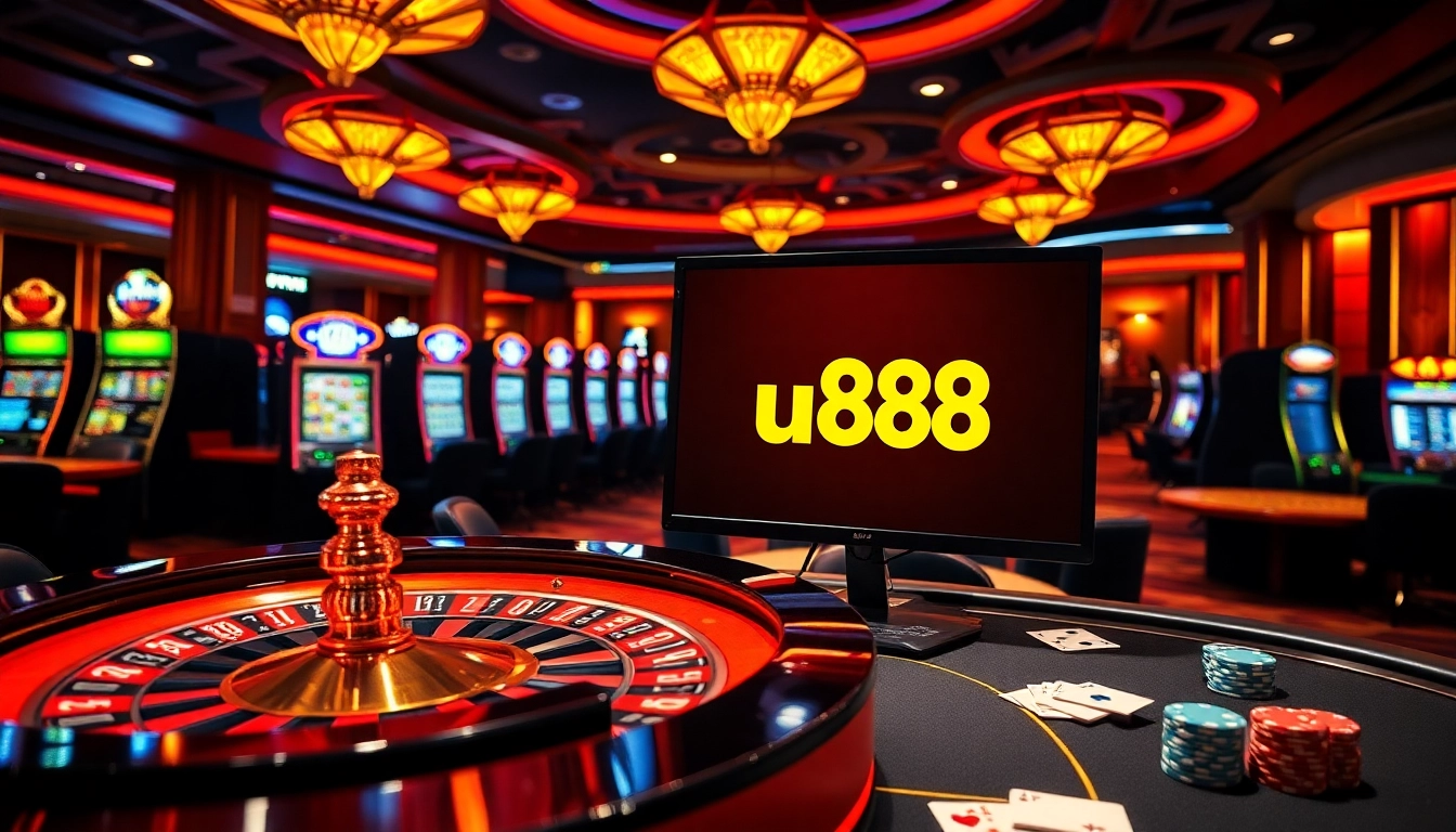 Experience thrilling games with u888's luxurious casino atmosphere featuring roulette and poker tables.