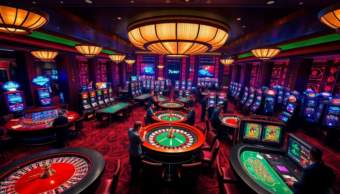 Experience the excitement of gambling with 7upbet login at a luxurious casino floor showcasing tables and players.