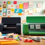 Comparing silhouette vs cricut machines in a vibrant crafting space filled with creative supplies.