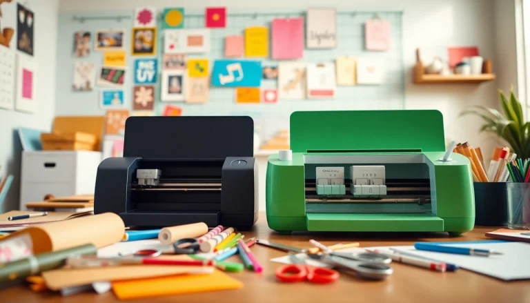 Comparing silhouette vs cricut machines in a vibrant crafting space filled with creative supplies.
