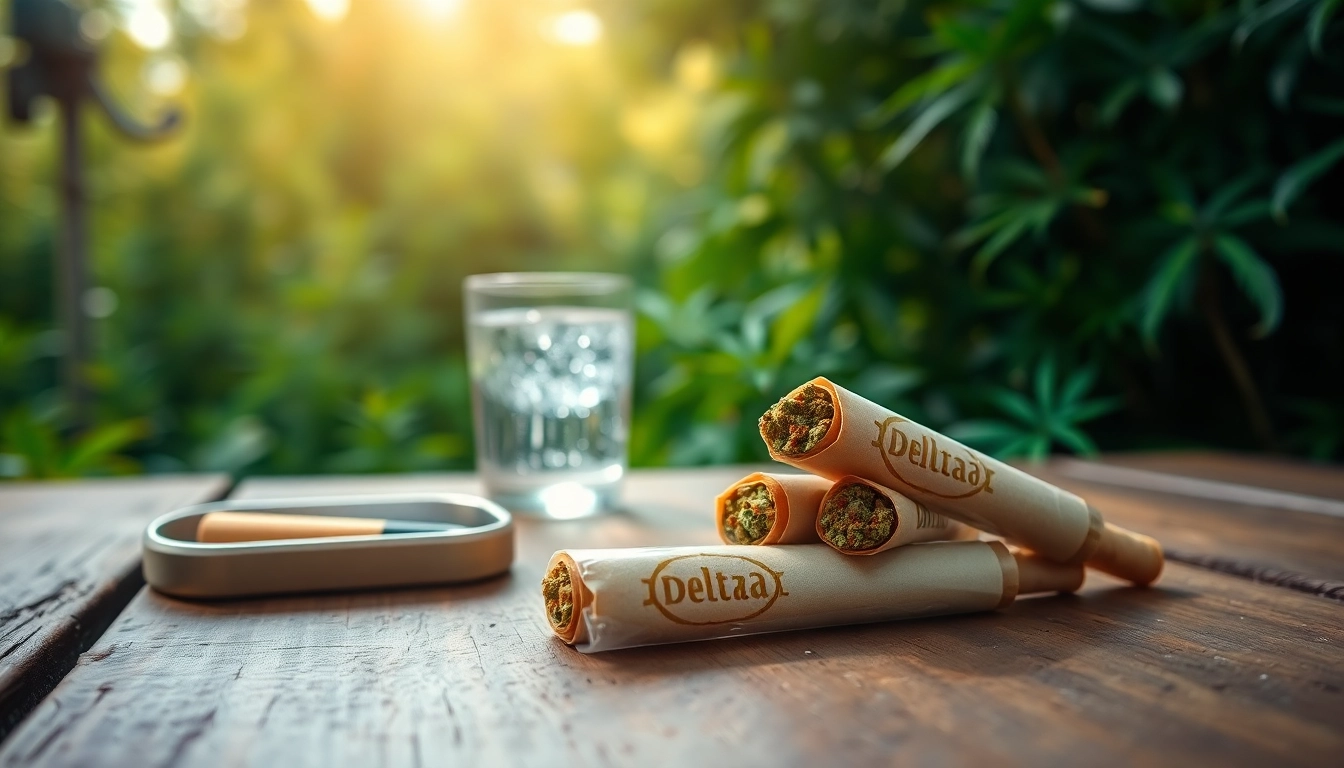 Showcasing delta 8 prerolls on a rustic wooden table amidst natural greenery, inviting relaxation.