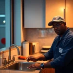 Emergency plumbers on holidays or weekends fixing a kitchen leak in NYC.