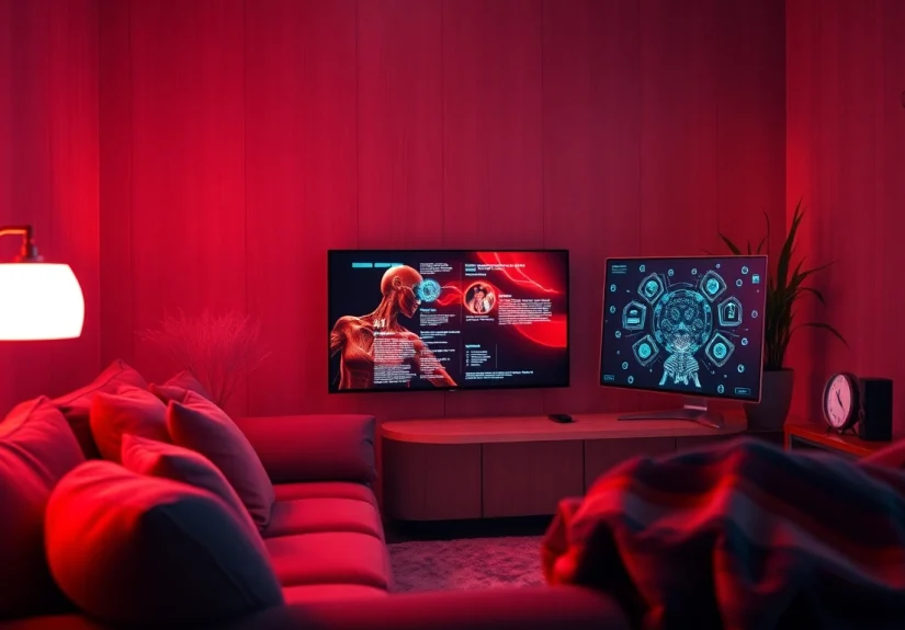 Cozy room for engaging character ai nsfw interactions featuring soft lighting and a futuristic interface.